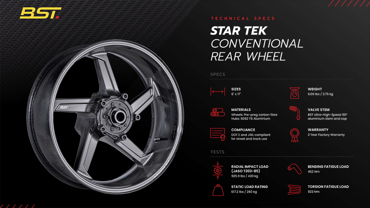 BST Aprilia RSV4 / Tuono V4 (2015+) Rear Carbon Wheel "STAR TEK" (6" x 17") – Accessories in the Motoraider Motorcycle Aftermarket Accessories and Parts Online Shop