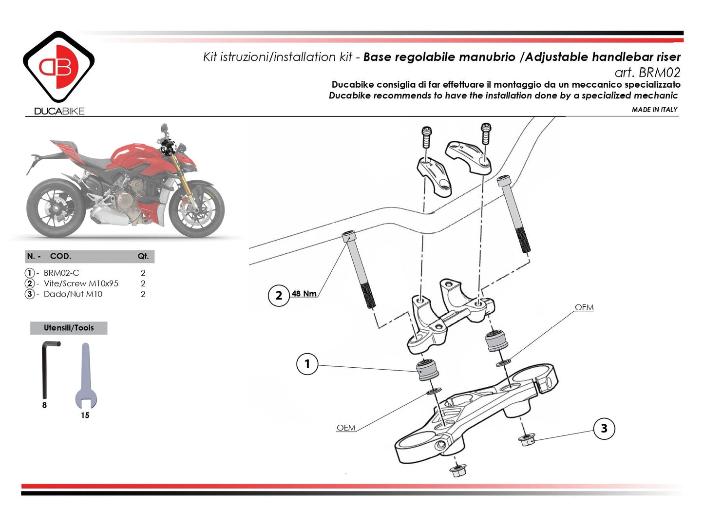 BRM02 - DUCABIKE Ducati Streetfighter V4 (2020+) Adjustable Handlebar Riser – Accessories in the Motoraider Motorcycle Aftermarket Accessories and Parts Online Shop