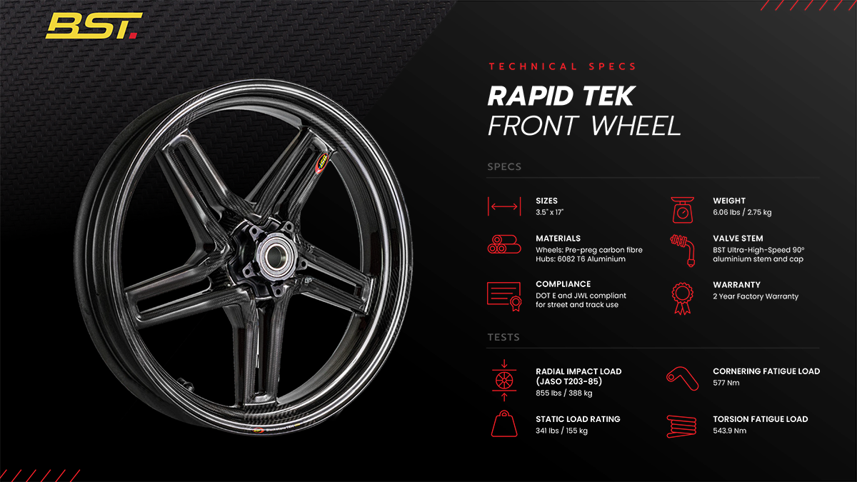 BST Aprilia RSV / Tuono (04/20) Carbon Wheels Set "RAPID TEK" (3.5" x 17" Front; 6" x 17" Rear) – Accessories in the Motoraider Motorcycle Aftermarket Accessories and Parts Online Shop