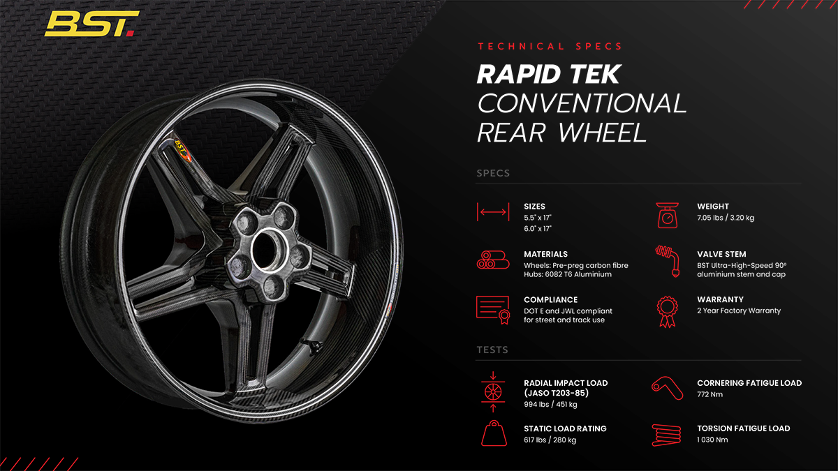 BST Aprilia RSV4 / Tuono V4 (2009+) Rear Carbon Wheel "RAPID TEK" (6" x 17") – Accessories in the Motoraider Motorcycle Aftermarket Accessories and Parts Online Shop