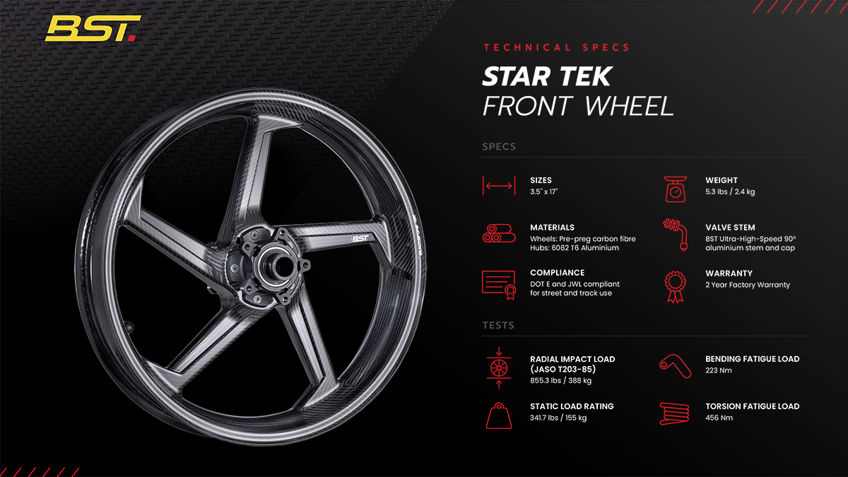 BST Aprilia RSV4 / Tuono V4 (2015+) Carbon Wheels Set "STAR TEK" (3.5" x 17" Front; 6" x 17" Rear) – Accessories in the Motoraider Motorcycle Aftermarket Accessories and Parts Online Shop